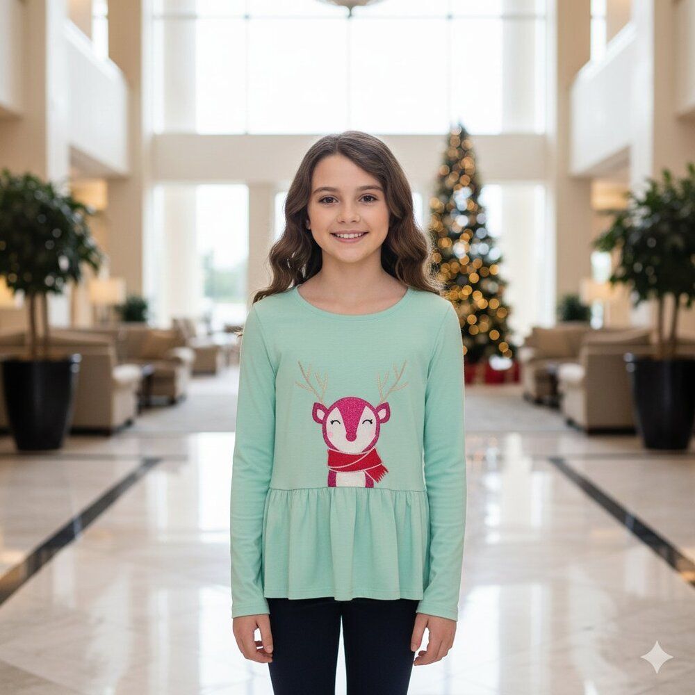 NWT Rare Editions Green Reindeer Top Girls Size 10